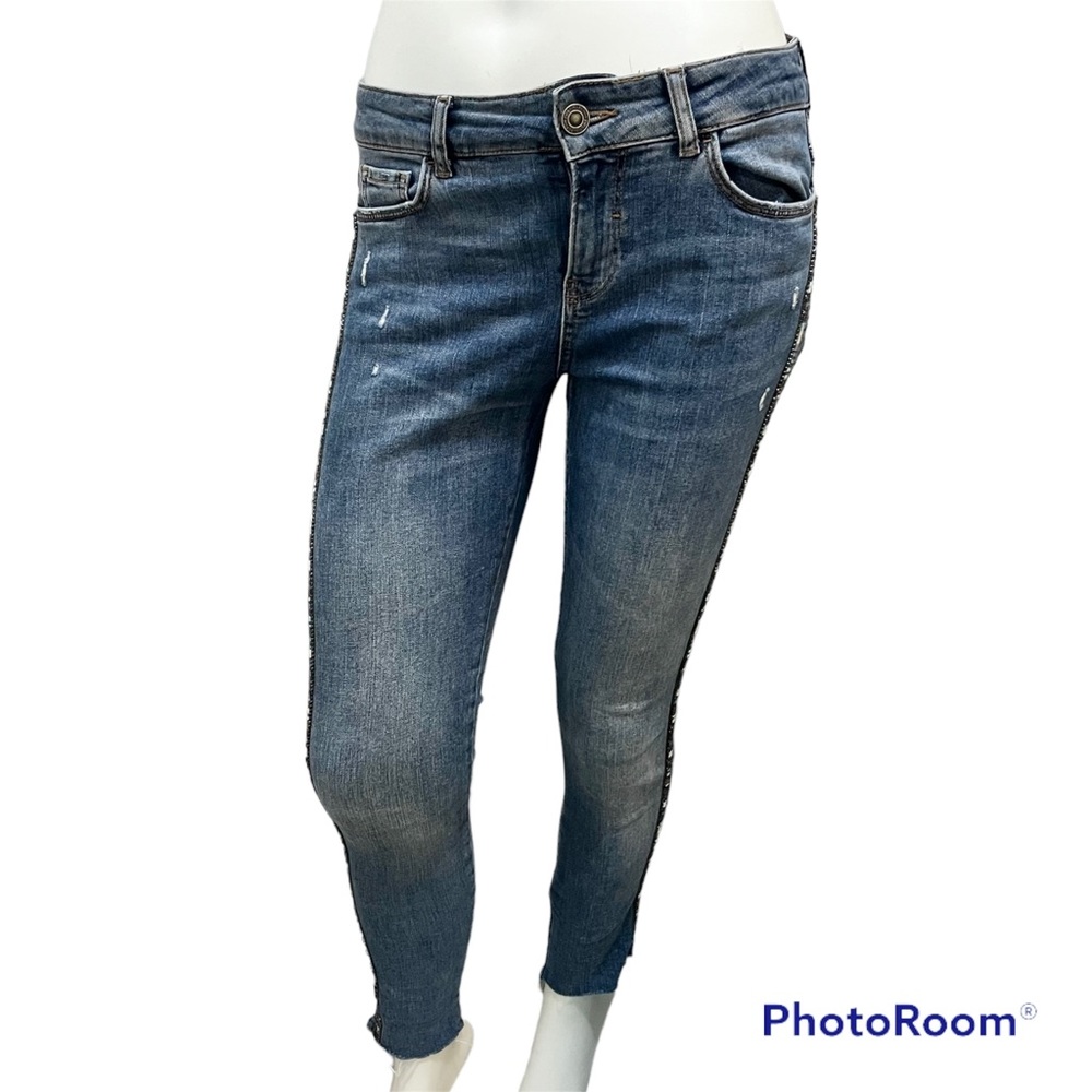 Zara Multicolor Fabric Side Stripe Distressed Skinny Blue Denim Jeans - Size 4